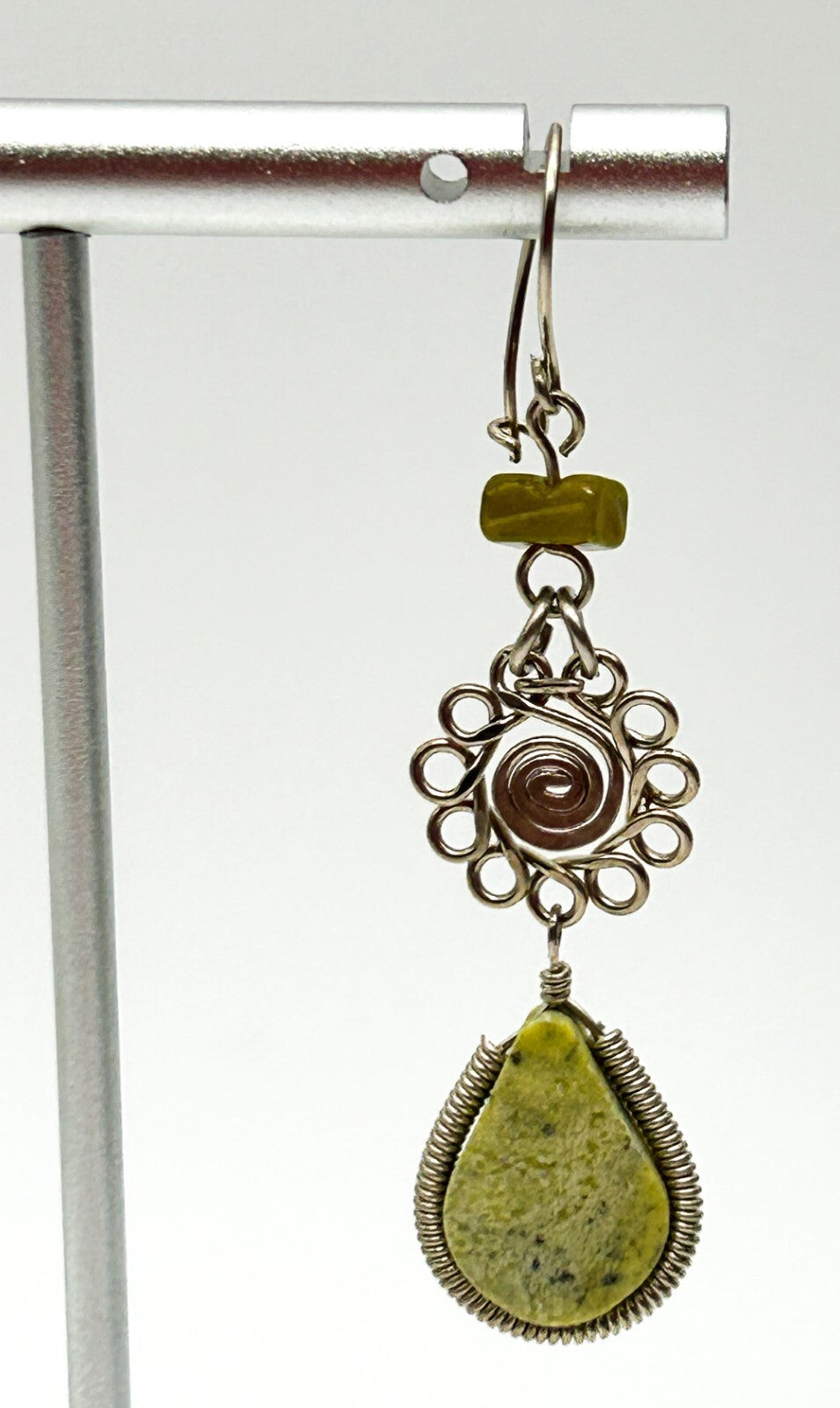 Peruvian Alpaca Silver Tone Necklace Earrings Set Lime Green Stone Boho Dainty