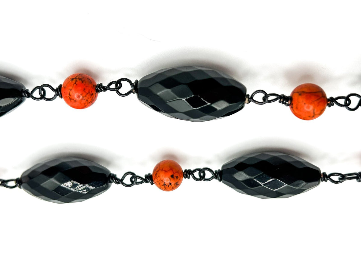 Faceted Onyx and Dyed Orange Stone Beaded Gemstone Semi Precious Necklace Boho