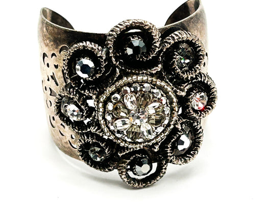 Vintage Sodini Signed Crystal Floral Statement Cuff Bracelet Flower Sparkles VTG