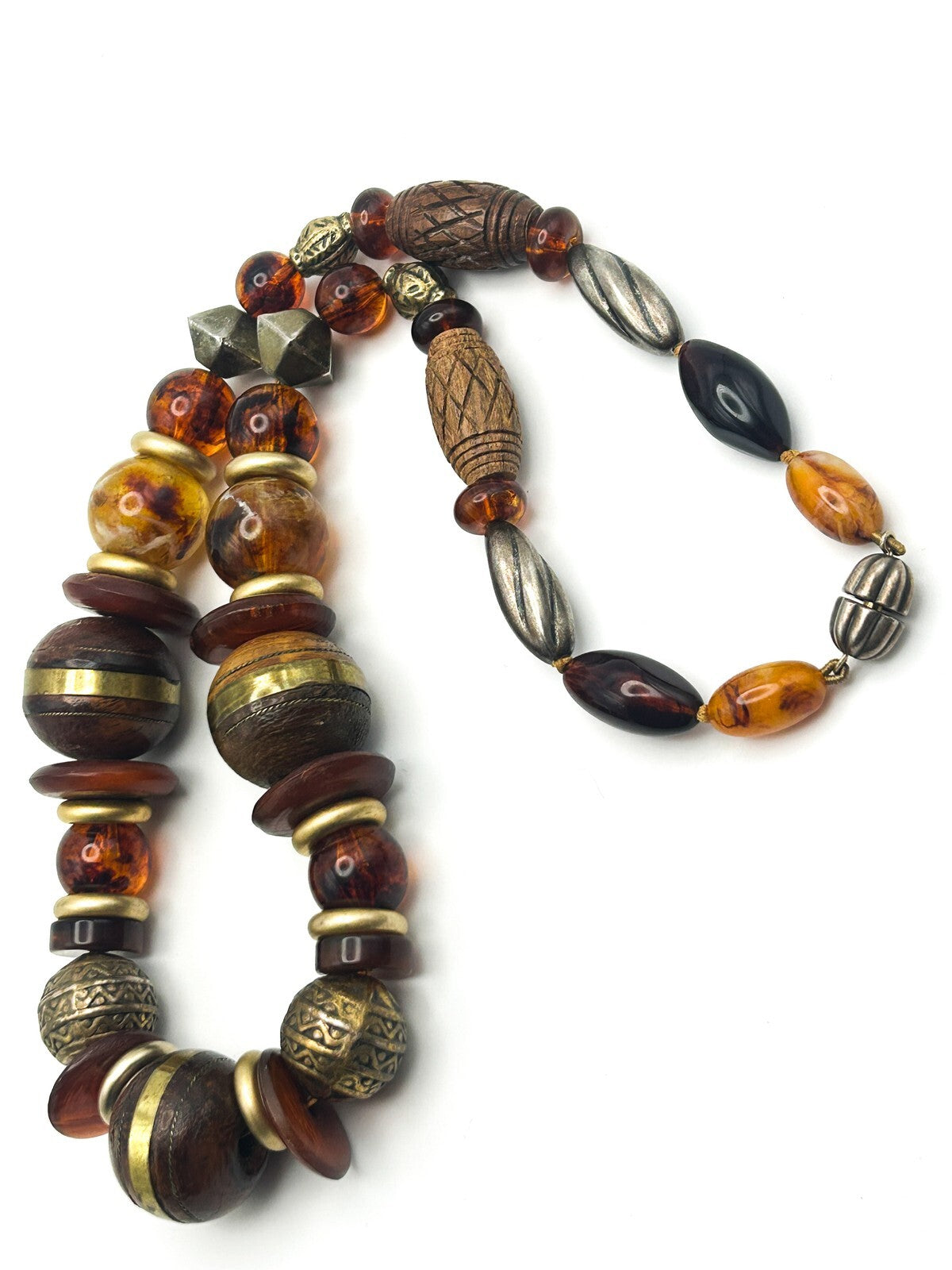 Vintage Graduated Wood & Faux Amber Beaded Statement Necklace