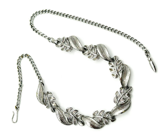 CORO Vintage Silver Tone Leaf Link Necklace Articulated Floral Choker 16.5”