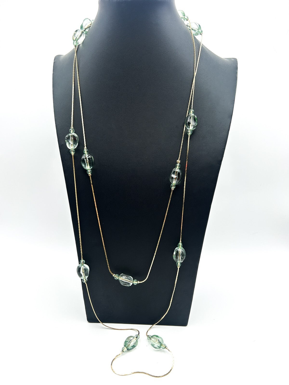 Long Pale Green Acrylic Bead Necklace Multi Strand Gold Tone Layered 34”