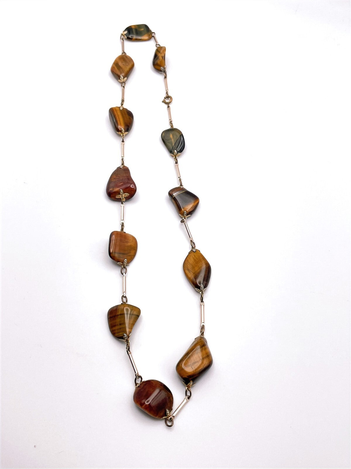 Vintage Chunky Tiger’s Eye Semi Precious Gold Tone Gemstone Necklace