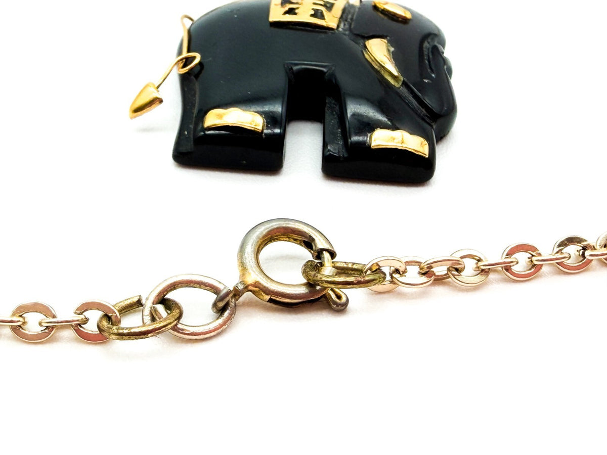 Vintage Black Onyx Elephant Pendant Necklace Gold Tone Oriental Style Detail
