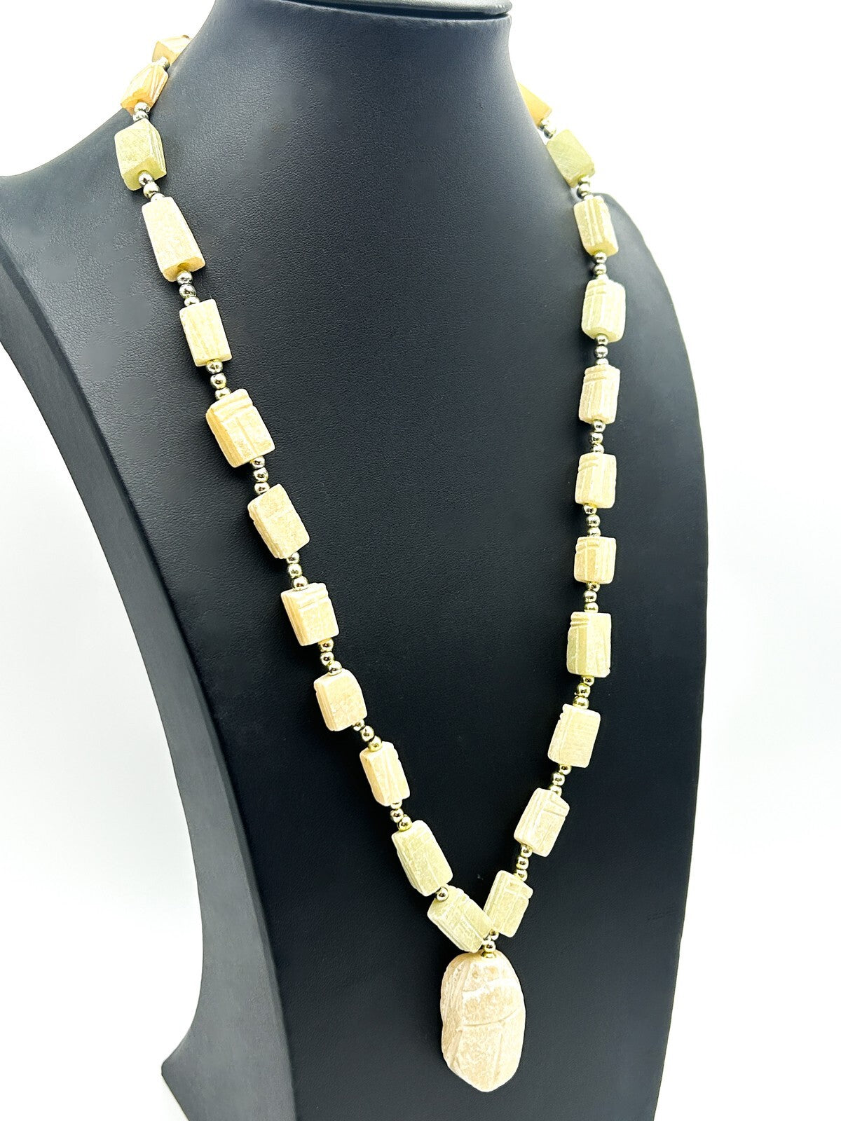 Egyptian Revival Carved Scarab Bead Necklace – Soapstone Panel with Drop Pendant