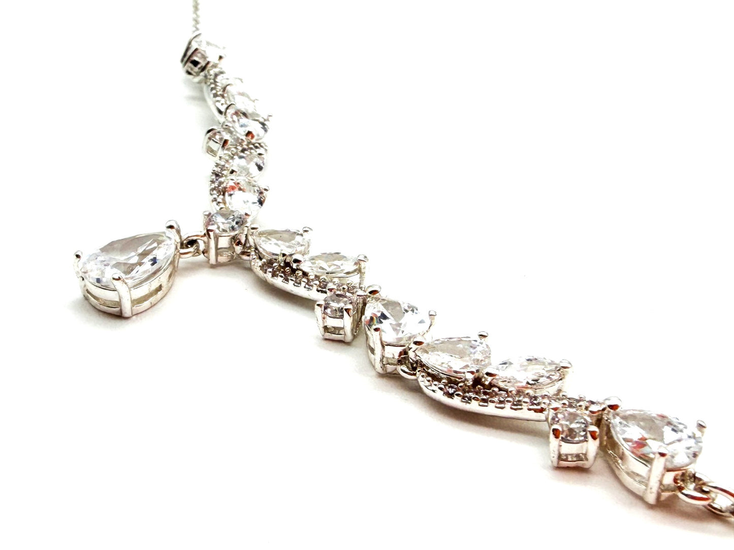 Jon Richard Silver Tone CZ Y Drop Necklace Clear Crystal Bridal Wedding Evening