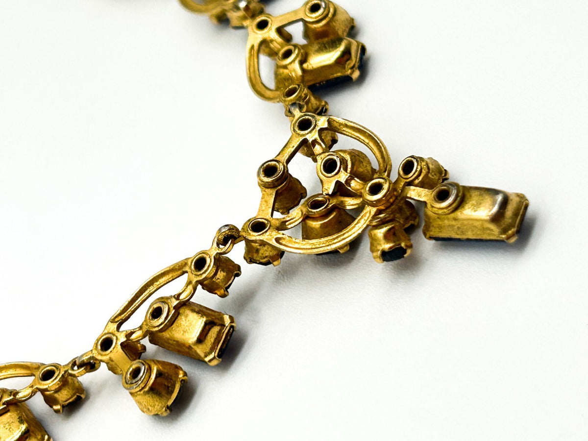 Vintage Blue Rhinestone Necklace Gold Tone Baguette Crystal Statement 1930s-50s
