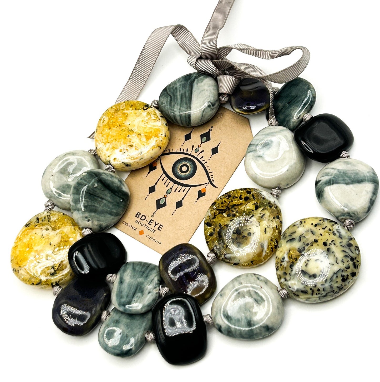 Chunky Marble-Effect Ceramic Necklace & Bracelet Set – Hand-Knotted Grey Ribbon