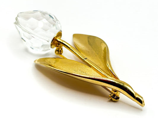 Vintage Gold Tone Glass Flower Brooch Large Faceted Crystal Tulip Floral Pin