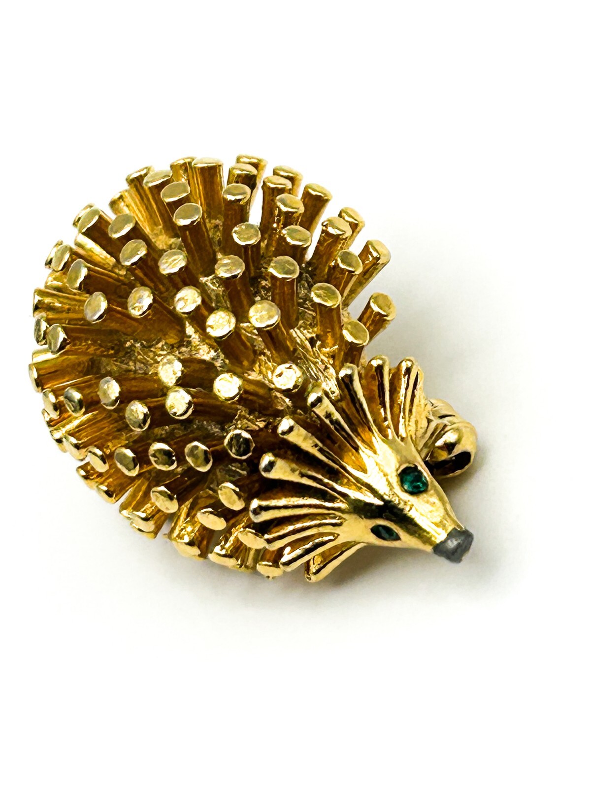 Vintage Hedgehog Brooch Gold Tone Animal Pin Green Rhinestone Eyes