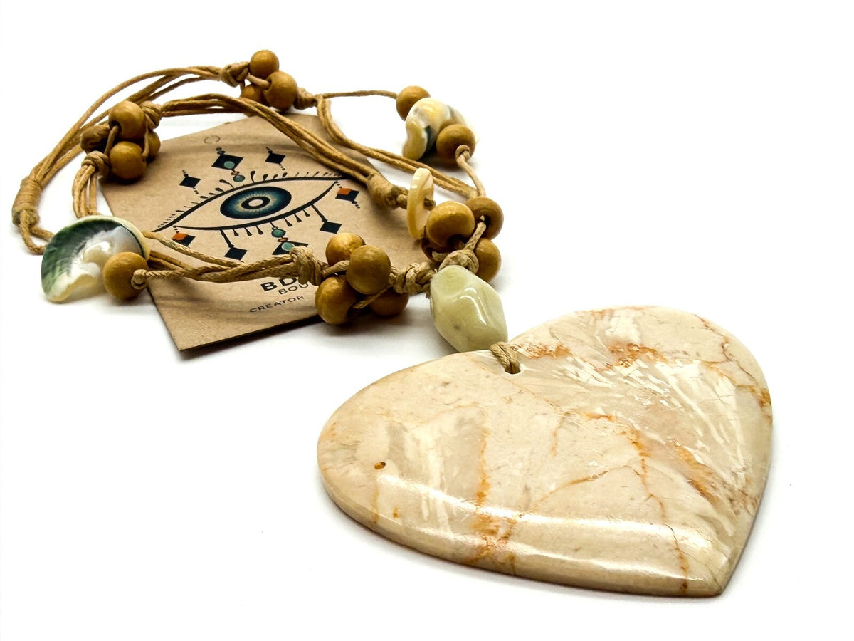 Large Cream Marble Stone Heart Pendant Necklace Multi Strand Cord 17”