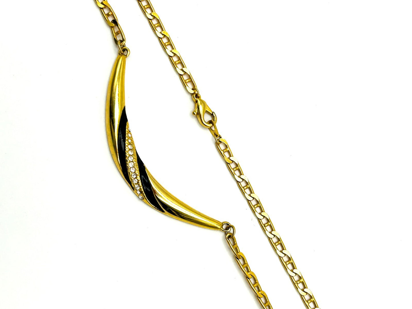 Gold Tone Black Enamel Rhinestone Necklace Figaro Chain Vintage Style