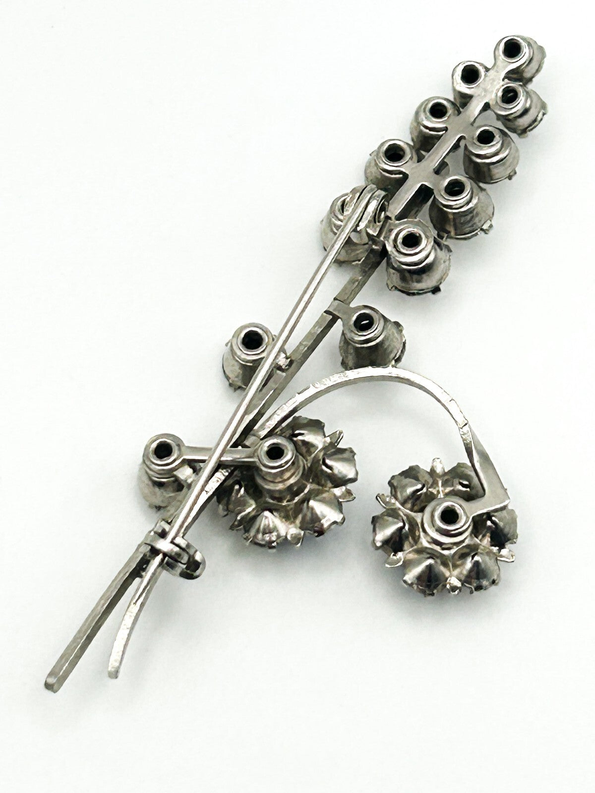 Vintage Blue Rhinestone Brooch Floral Drop Silver Tone Dangle Pin