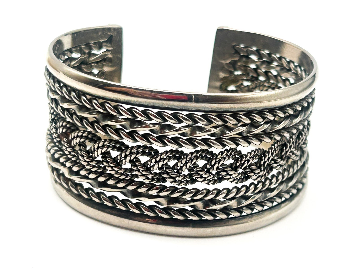 Silver Tone Woven Braid Rope Effect Cuff Bracelet Chunky Wide Adjustable Bangle