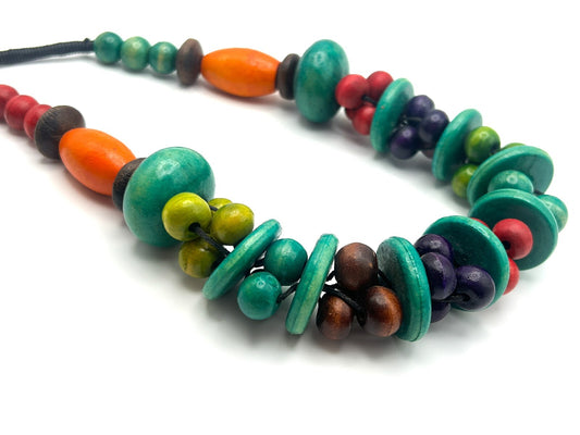Vintage Multicolour Wooden Bead Necklace with Disc Spacers and Toggle Clasp