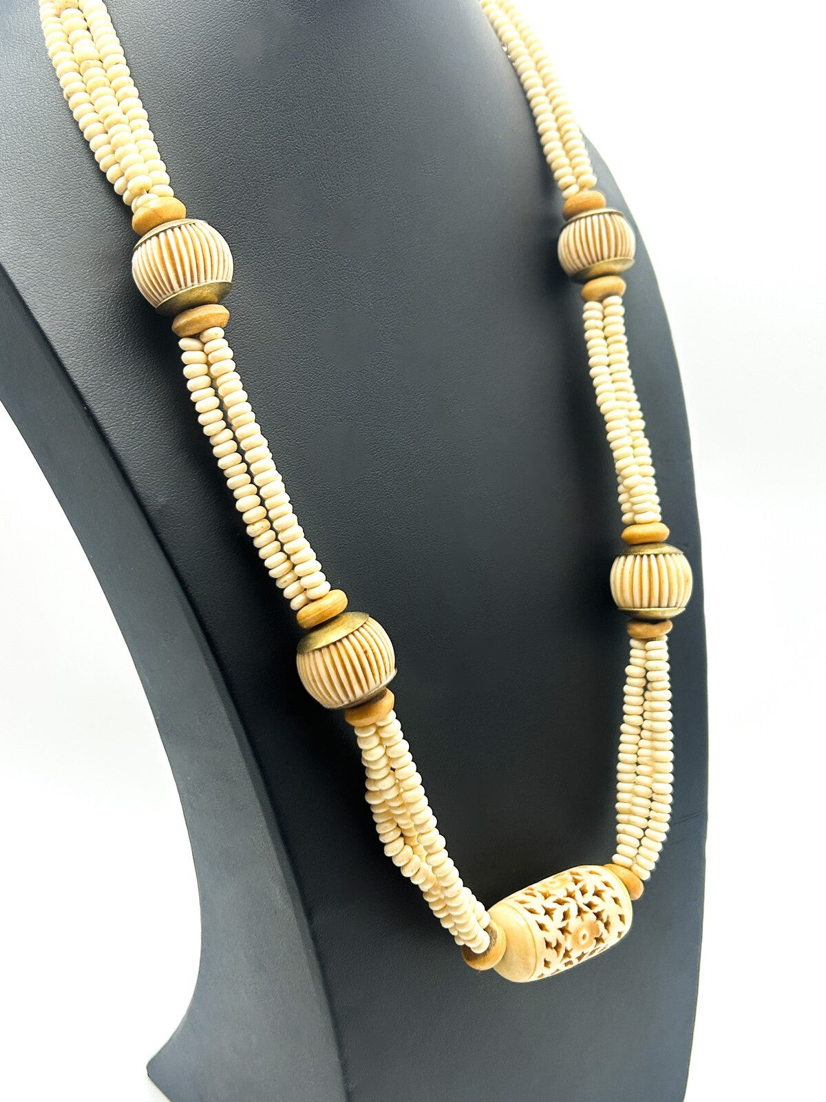Vintage Carved Organic Material Triple Strand Necklace (Late 1970s–Early 1980s)
