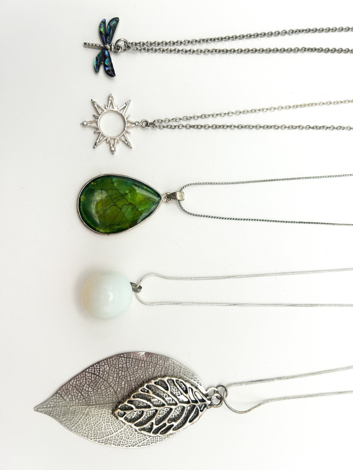 Silver Tone Pendant Necklace Bundle Dragonfly Sun Leaf Gemstone x5
