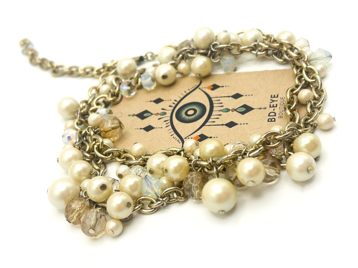 Carolee Gold Tone Faux Pearl Cluster Necklace Long Chain AB Crystal 33” Signed