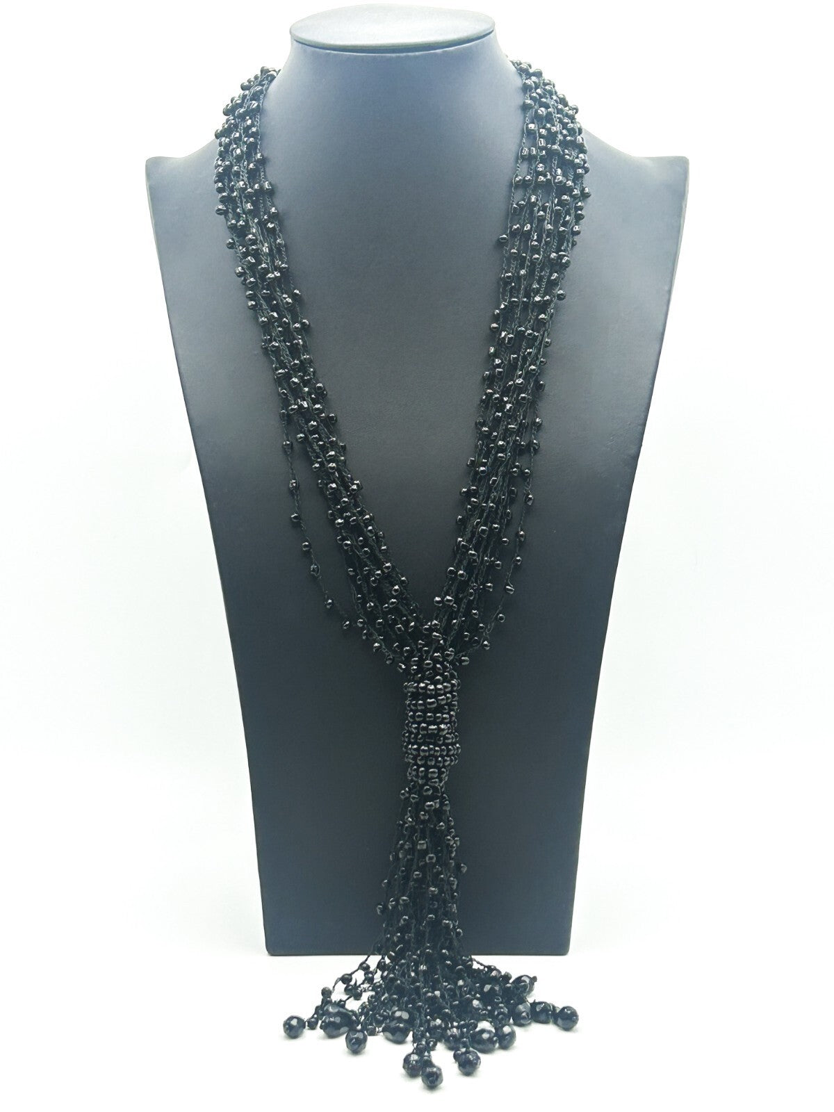 Black Multi Strand Beaded Tassel Necklace Statement Signed WS 25”