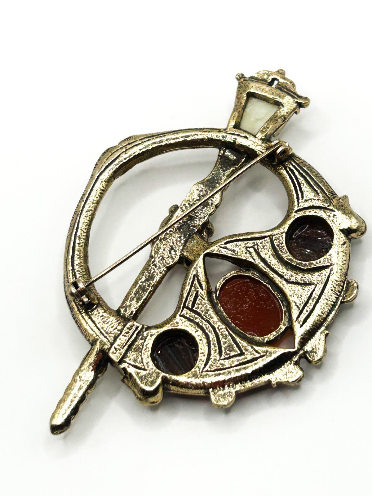 Miracle Celtic Brooch Vintage Faux Carnelian Agate Glass Penannular Cloak Pin