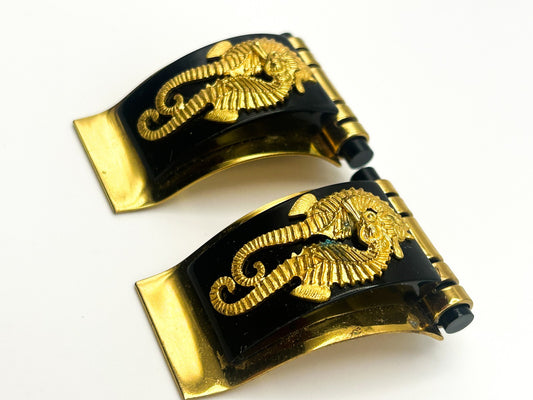 Vintage Shoe Dress Clips Art Deco Jean Painlevé Seahorse Black Gold Pair 1930s