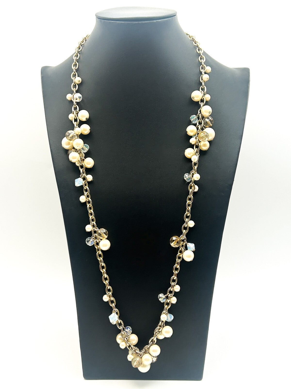 Carolee Gold Tone Faux Pearl Cluster Necklace Long Chain AB Crystal 33” Signed