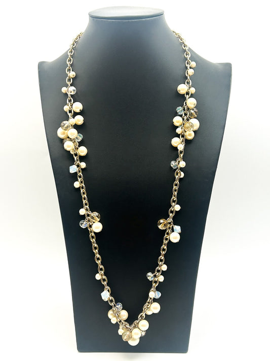 Carolee Gold Tone Faux Pearl Cluster Necklace Long Chain AB Crystal 33” Signed