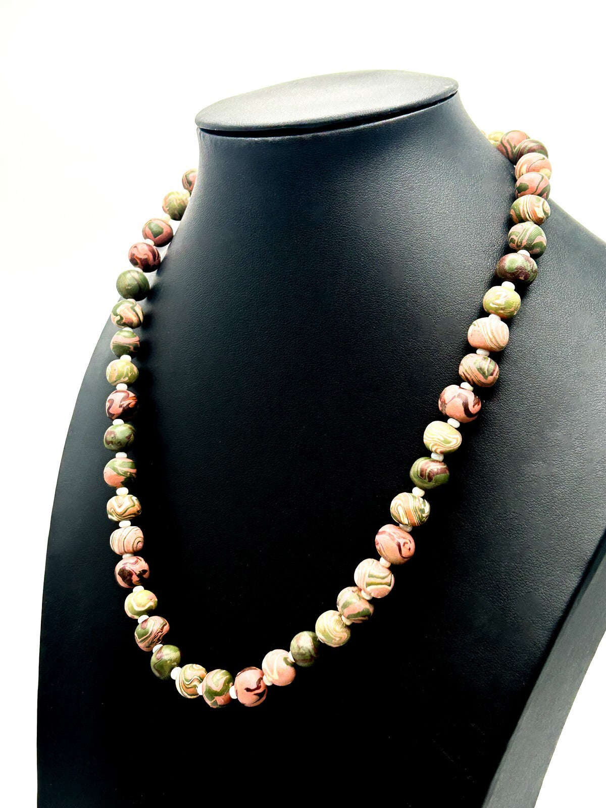 Polymer Clay Bead Necklace Swirl Green Pink Brown Artisan Style 20”