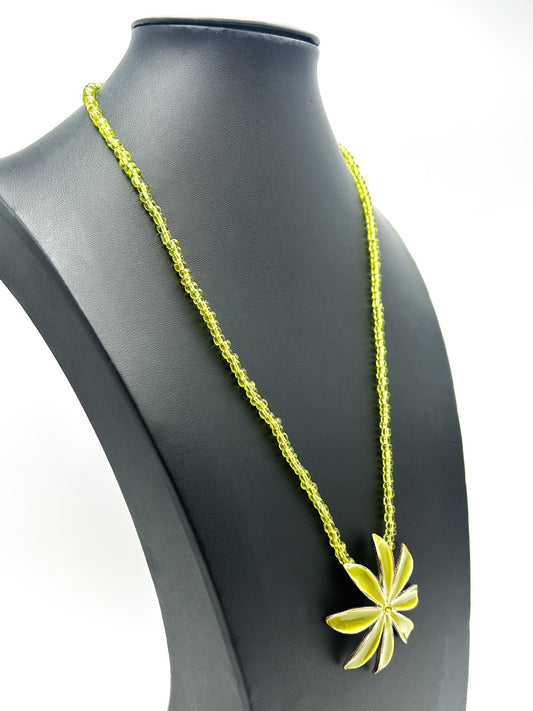 Lime Green Glass Beaded Necklace with Enamel Flower Pendant