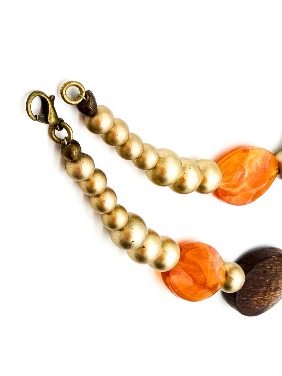 Marbled Orange Acrylic & Wooden Bead Statement Necklace with Gold Tone Spacers