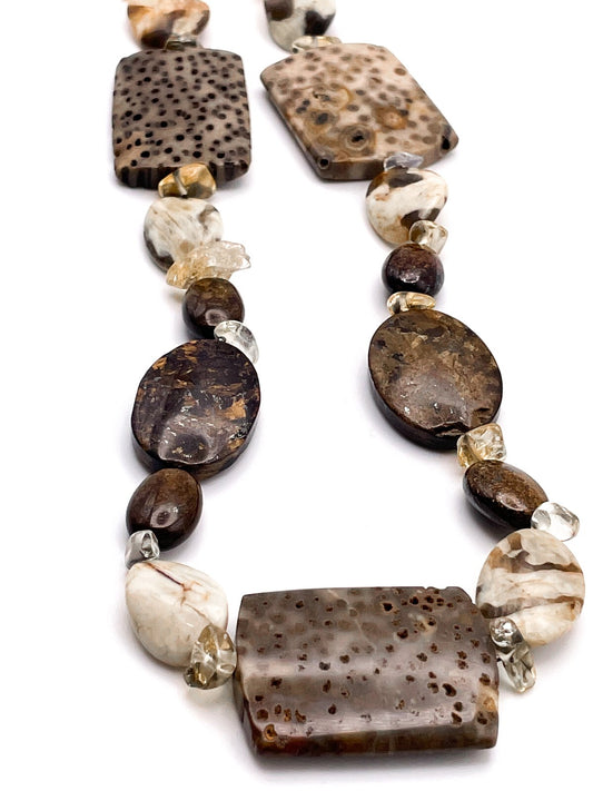 Petrified Palm Wood & Mixed Stone Statement Necklace – 30" 123g Boho Gemstone