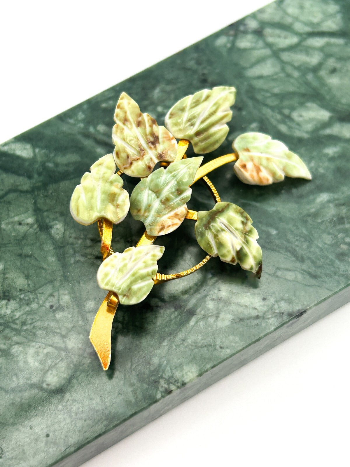 Vintage Shell Leaf Brooch Carved Green Gold Tone Floral Pin