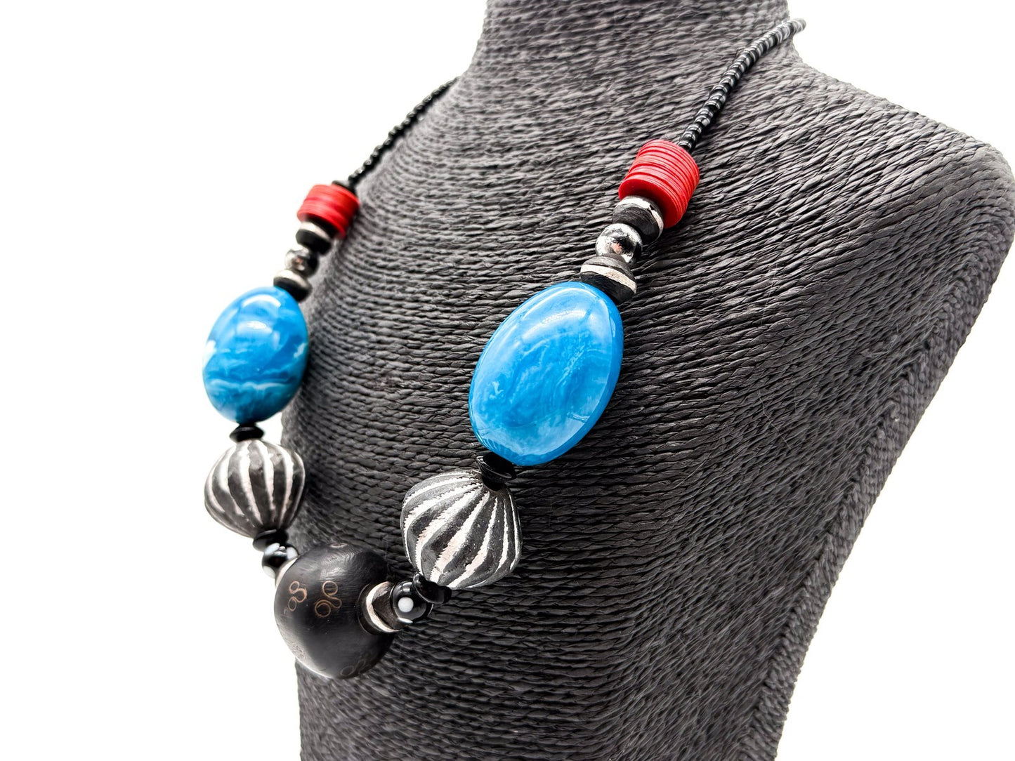 Chunky Blue Black Statement Necklace Carved Clay Beads Ethnic Style Wood 22”