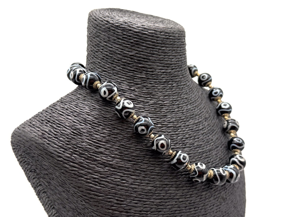 Vintage Black White Dzi Style Necklace Tibetan Bead Statement Glass 17”