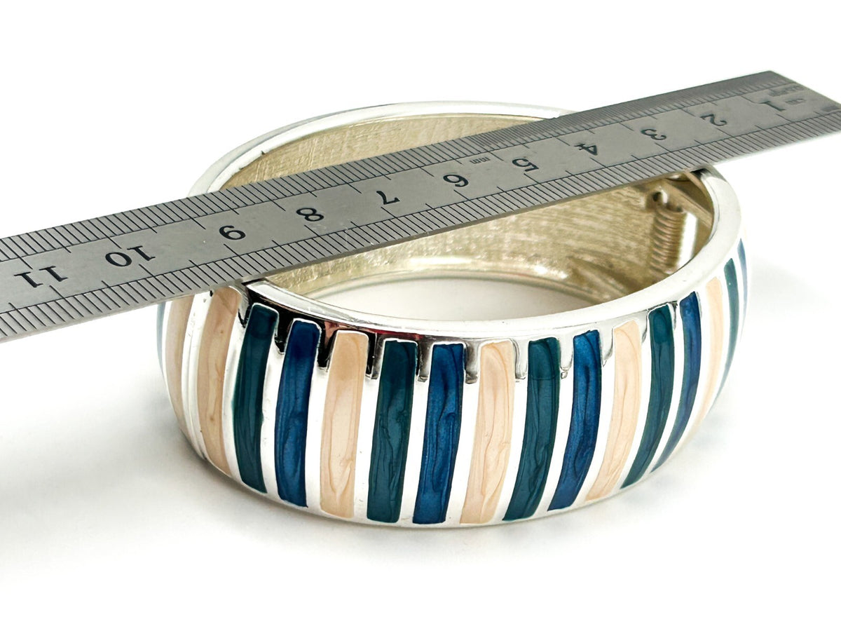 Vintage Y2K Blue Cream Enamel Clamper Chunky Bangle Silver Tone Bracelet Retro