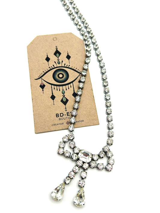 Vintage Rhinestone Bow Necklace Silver Tone Teardrop Dangle Bridal Prom