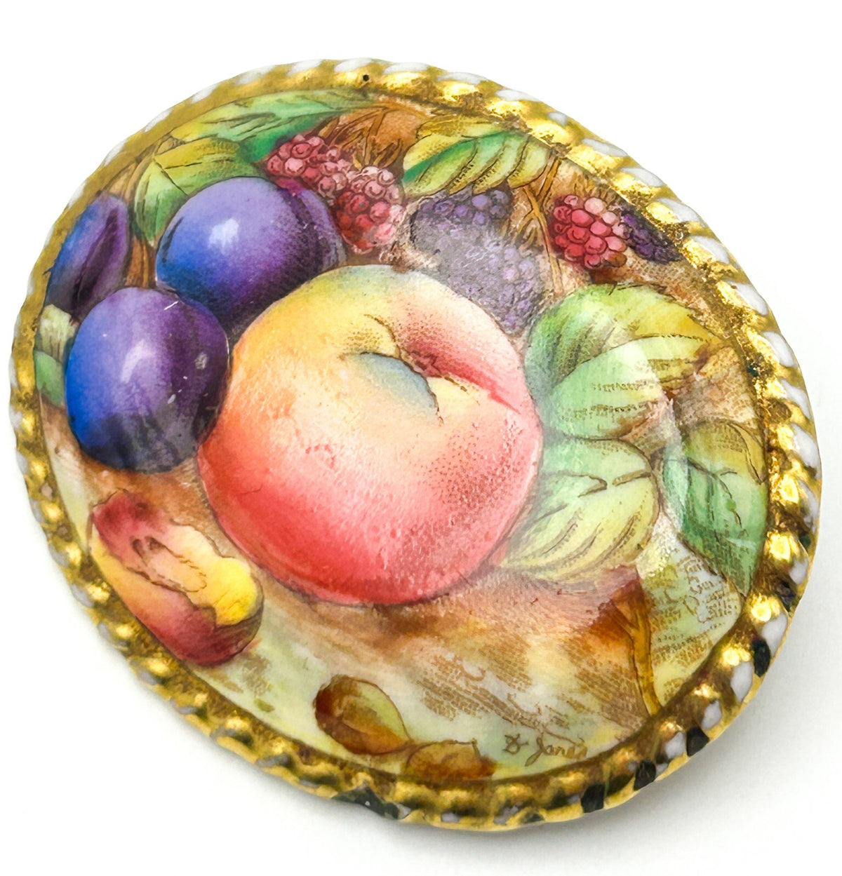 Aynsley Orchard Gold Brooch Bone China Fruit Hand Painted England