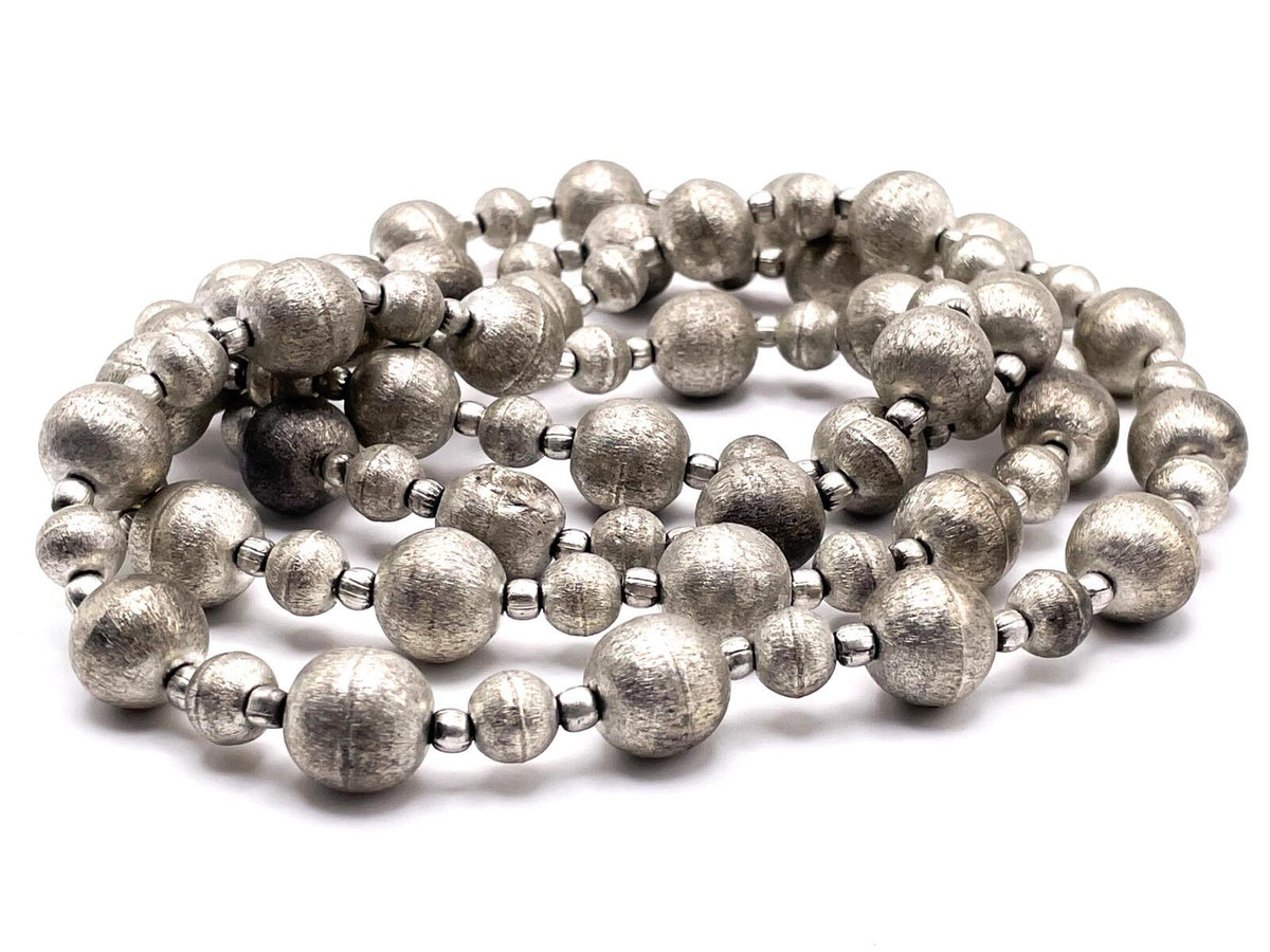 Brushed Silver Tone Metallic Acrylic Beaded Necklace Retro Futuristic Industrial