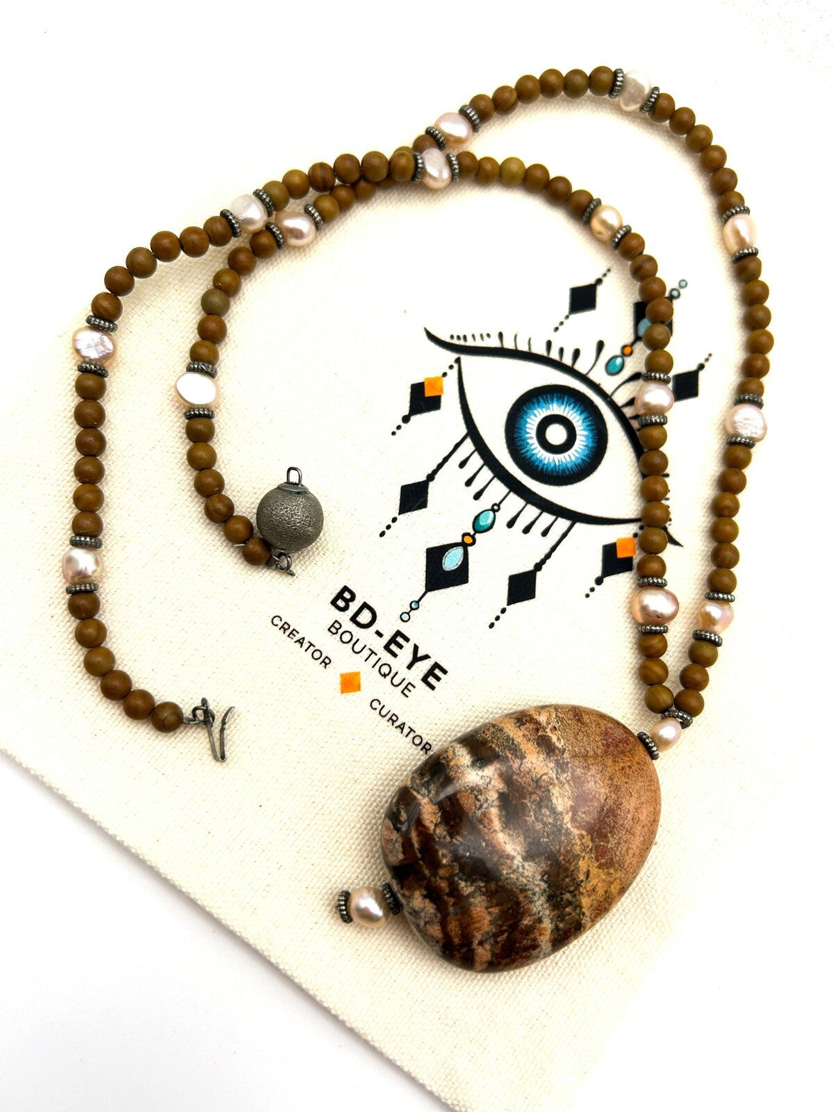 Jasper Pendant Necklace Natural Stone Brown Beaded Freshwater Pearl Earthy 19.5”