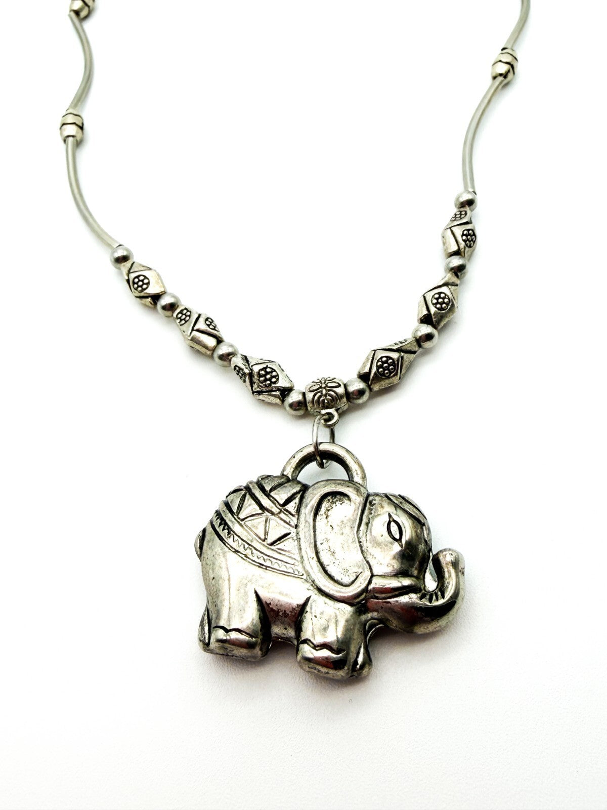 Elephant Pendant Necklace Silver Tone Beaded Tribal Boho Style Animal Charm Cute