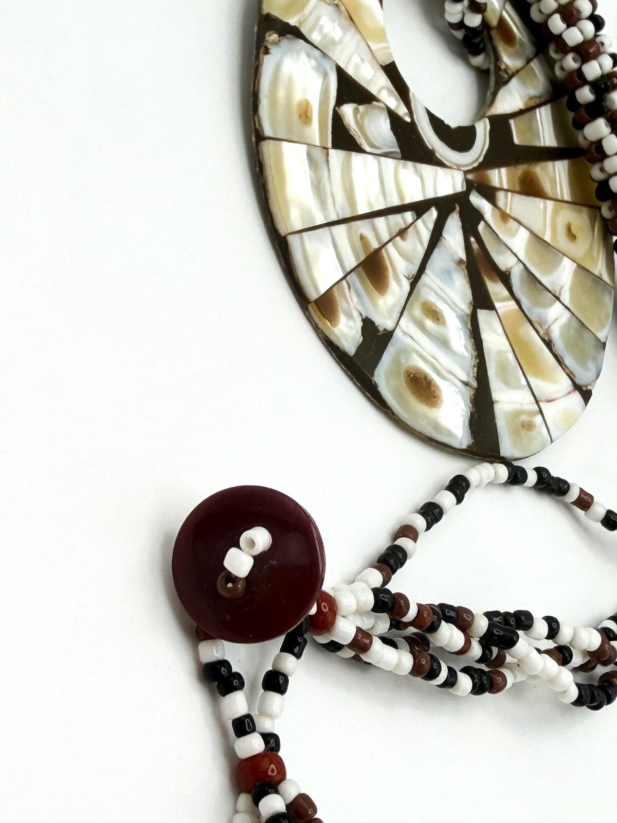 Five Strand Brown, White & Black Seed Bead Necklace with Shell Inlay Donut Penda