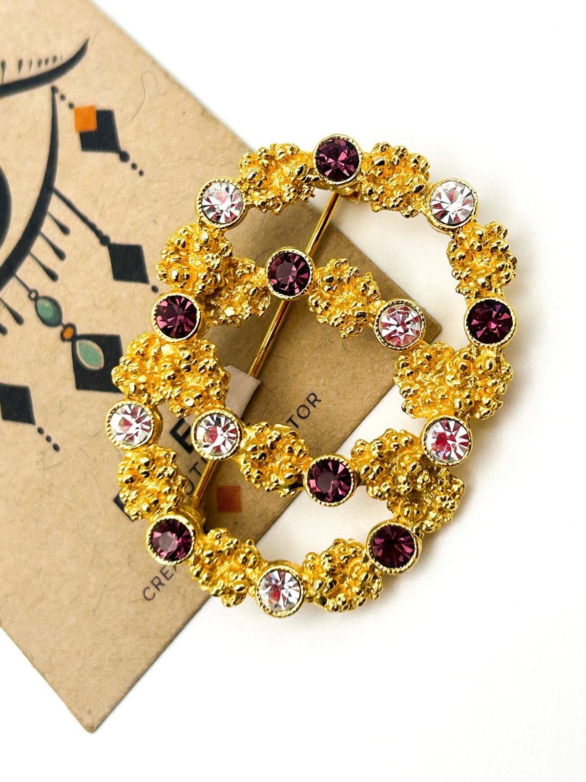 Vintage WEST Rhinestone Brooch Gold Tone Double Circle Purple Clear Pin