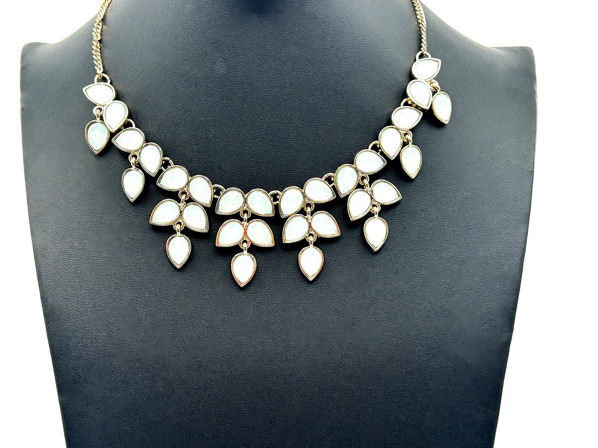 Accessorize Gold Tone Necklace Pale Blue White Teardrop Statement Fringe 15.5”