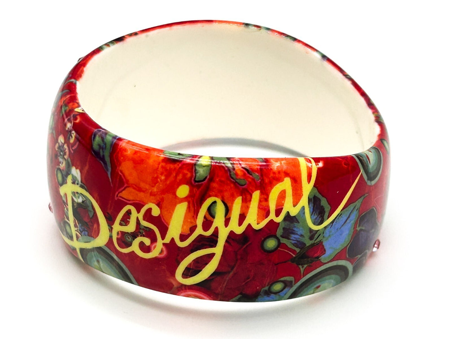 Desigual Floral Acrylic Bangle Red Orange Rhinestone Wavy Statement Bracelet