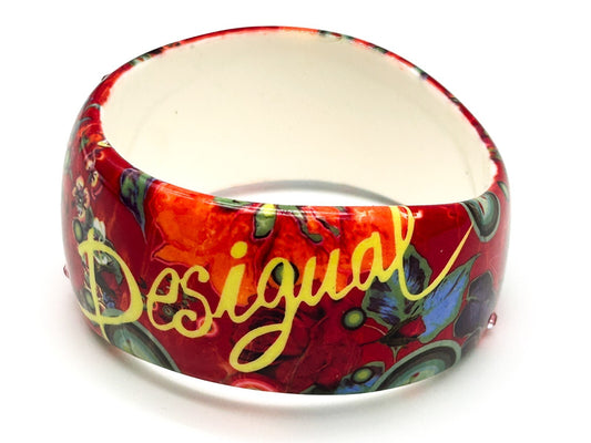 Desigual Floral Acrylic Bangle Red Orange Rhinestone Wavy Statement Bracelet