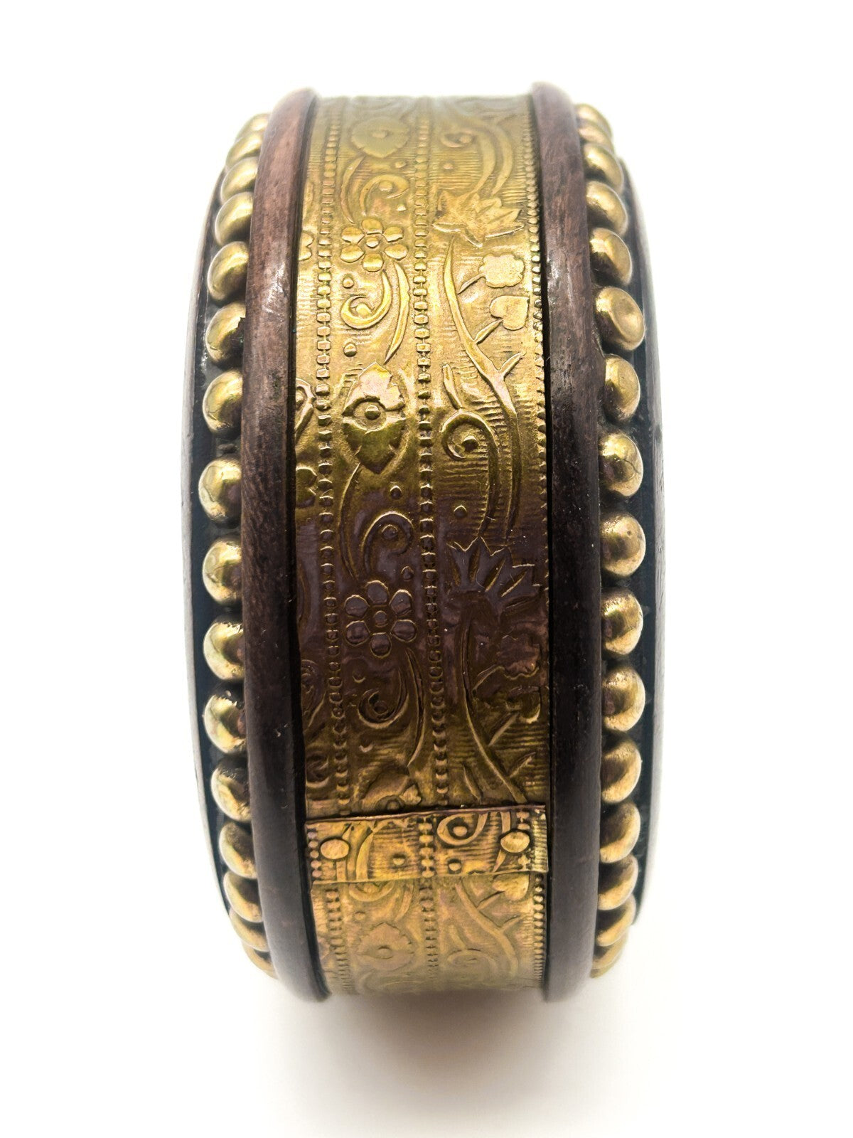Vintage Dark Wood Brass Bangle Wide Floral Embossed Studded Statement Bracelet