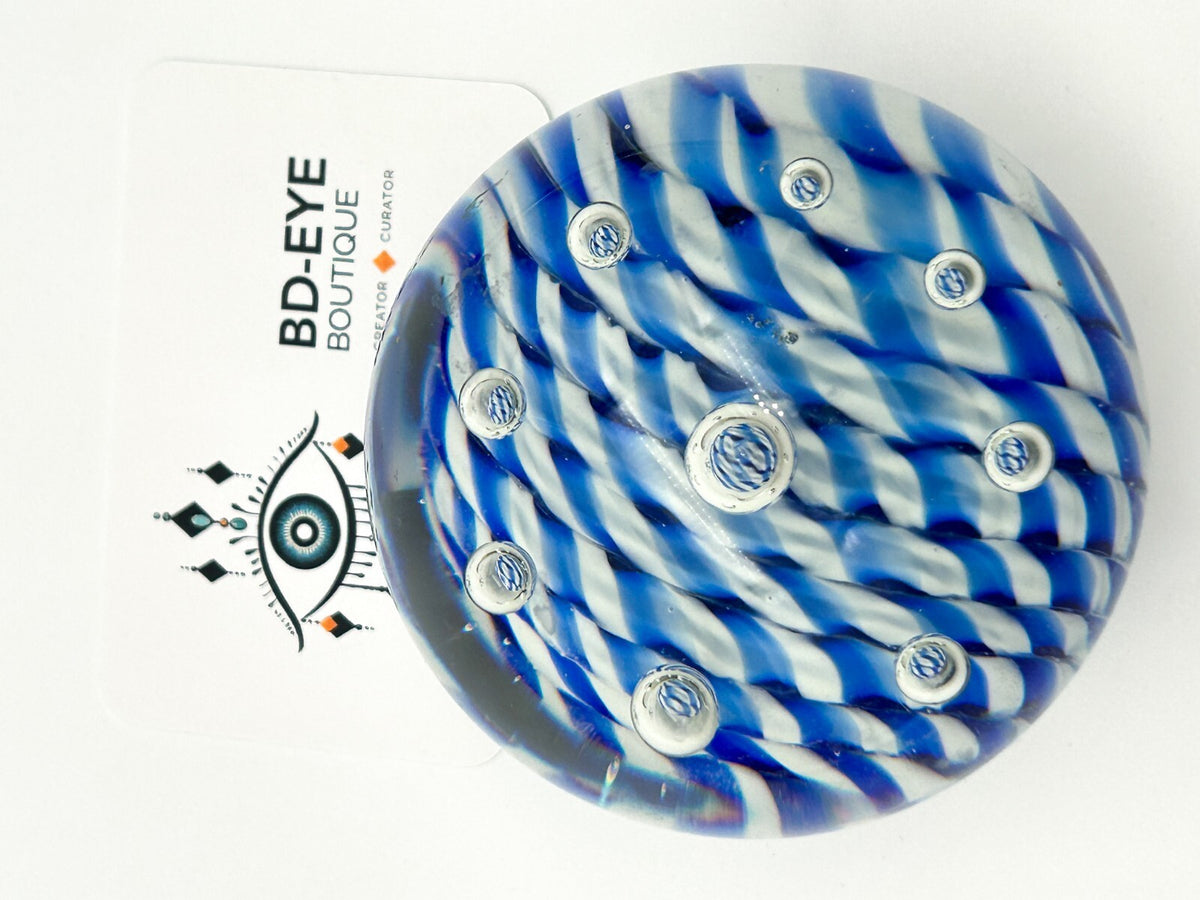 Vintage Blue White Stripes Bubbles Art Glass Paperweight Dome Controlled Bubbles