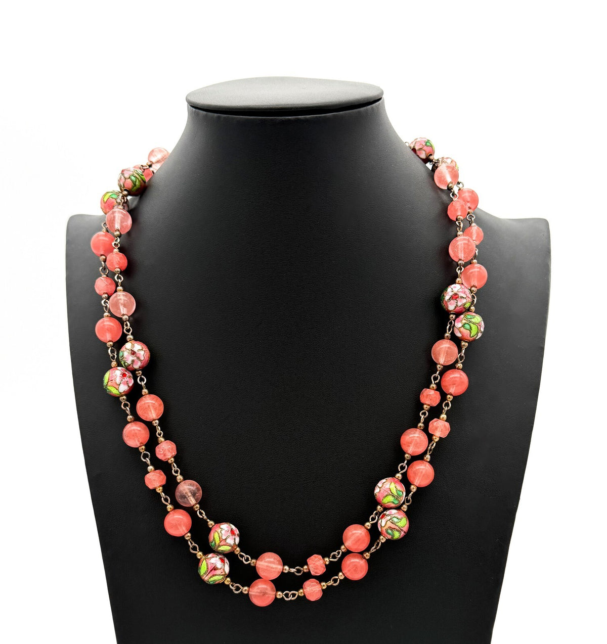 Vintage Pink Glass Bead Necklace Double Strand Cloisonné Accent Beads Summer