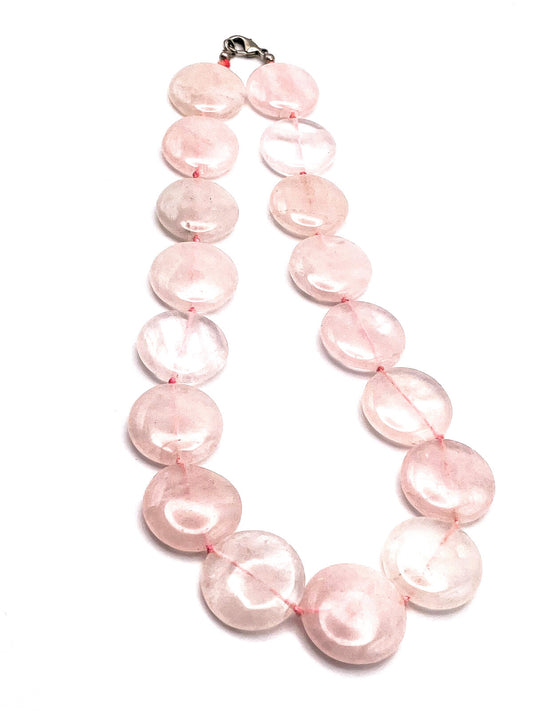 Chunky Rose Quartz Disc Bead Necklace Pink Stone Gem Boho Handmade Pastel