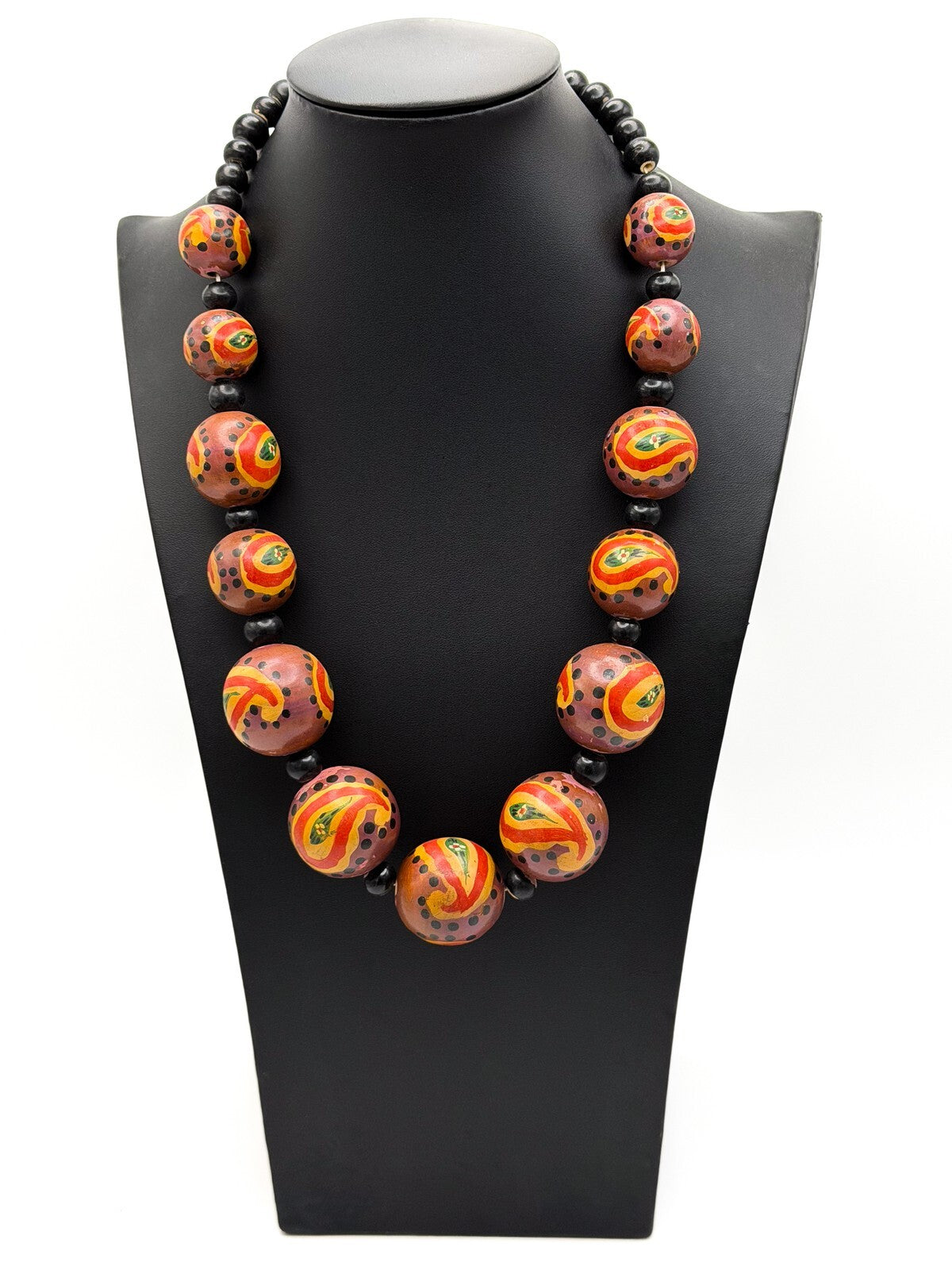 Graduated Hand-Painted Paisley Wooden Bead Necklace – Orange & Brown Tones